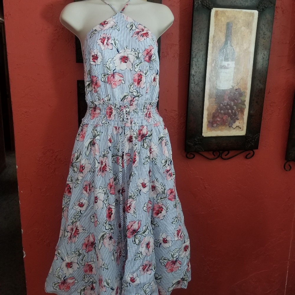 Venus Floral Striped Belted Halter Dress -Medium